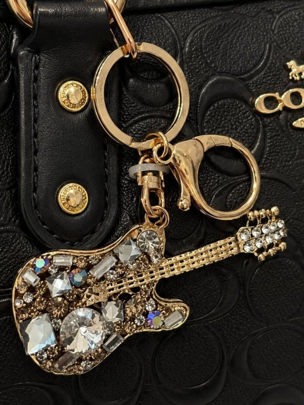 Golden Rhinestone Guitar Bag Charm Keychain NWT Glam Rock Purse Accessory